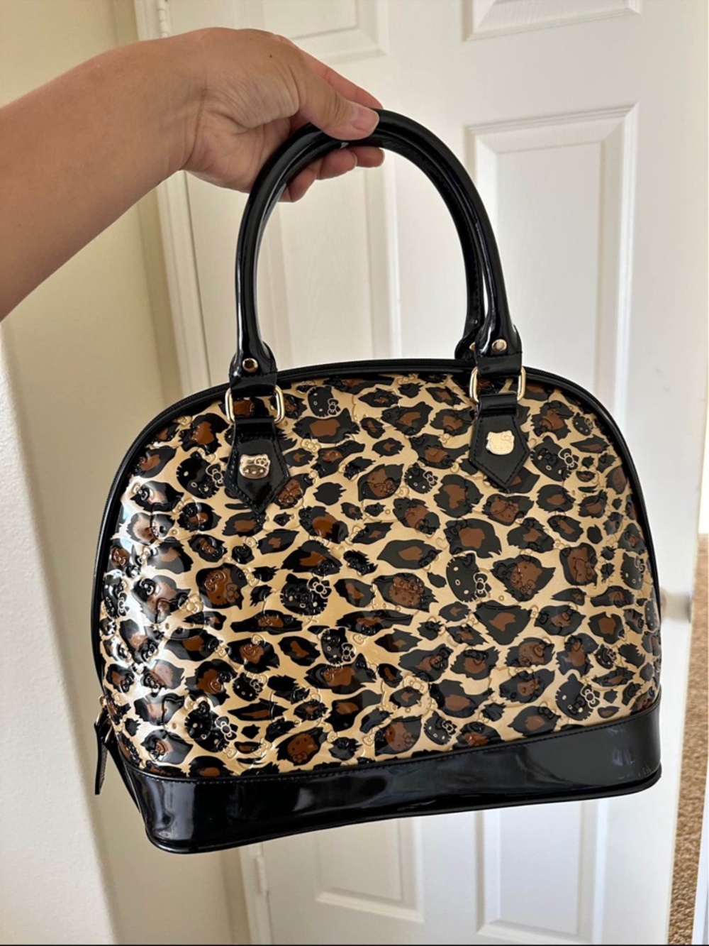 Vintage Hello kitty Leopard Print Patent Dome Satchel - Black & Brown